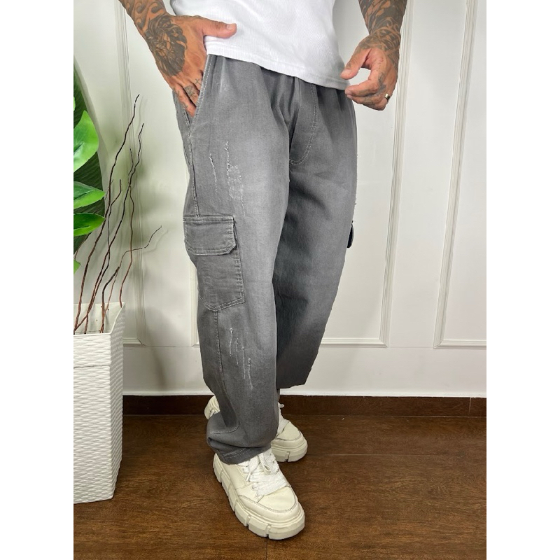 Calça Cargo Jeans Estilo Skate Larga Streetwear Urbana Estonada