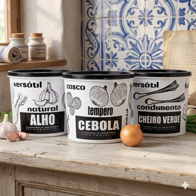 Kit 3 Potes Porta Mantimentos Alho Cebola Cheiro Verde Lata Organizadora Cozinha Retro Vintage Decoração Branca Premium