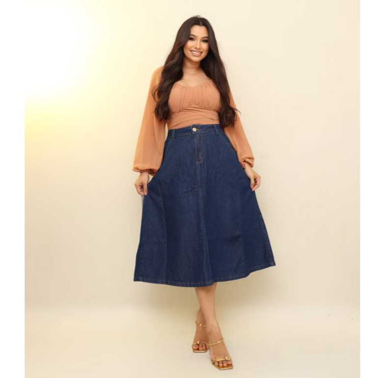 Saia Jeans Longa Evangelica Cintura Alta 100% Algodão Sem Lycra Moda Modesta Elegante em Oferta na Shopee
