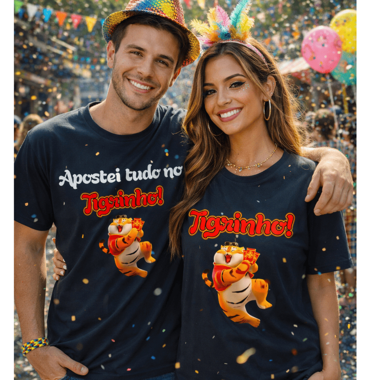 Camiseta Divertida Tigre Casal Estampa Humor Carnaval Festa Unissex Algodão Engraçada Confortável