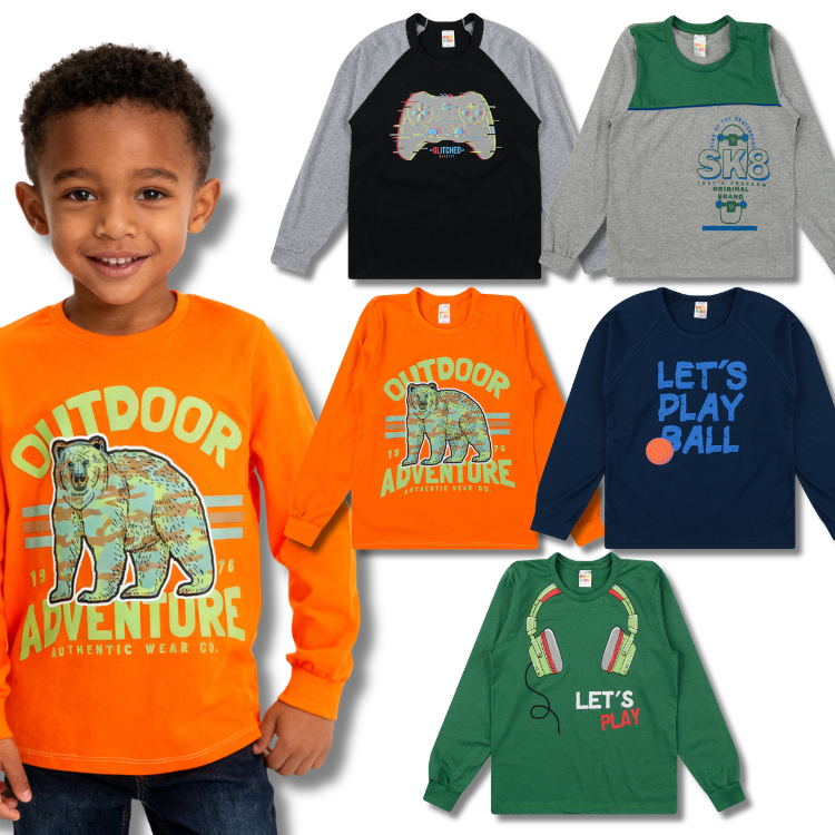 Kit Camiseta Manga Longa Sortido Masculino Juvenil - Menino Inverno Blusa Manga Comprida