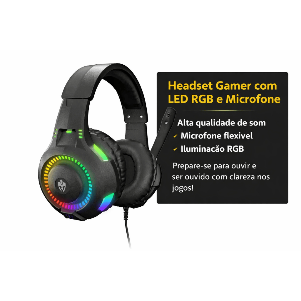 Fone De Ouvido Headset Gamer com Fio Profissional Preto Led Rgb PC USB P2/P3 XBOX PS4 Vídeogame