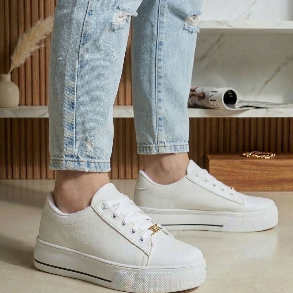 Tênis Feminino Casual Branco Confortável Leve Sapato Feminino Moda Fio Preto Dia Original