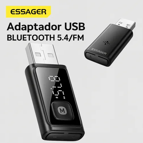 Adaptador Bluetooth 5.4 Essager Transmissor FM Carro USB Som Automotivo Viva-voz Microfone Integrado