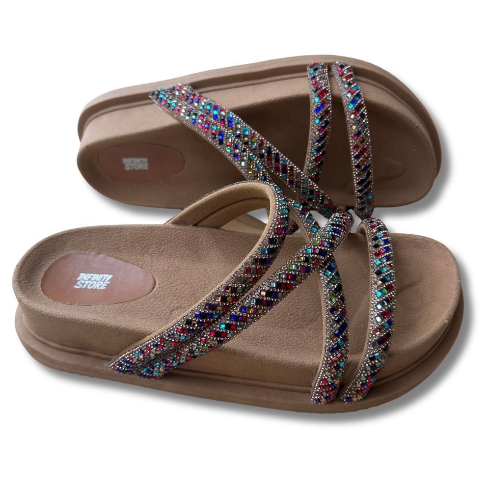 Papete Sandalia Feminina Plataforma Leve Confortável Birken estilosa alta com Tiras em Cristais