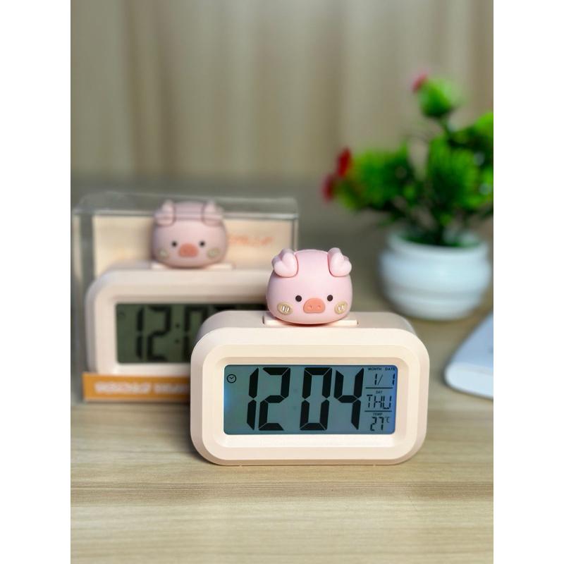 【Entrega rápida】Multifuncional retroiluminação LED despertador digital bonito formato de porquinho desktop timer quarto