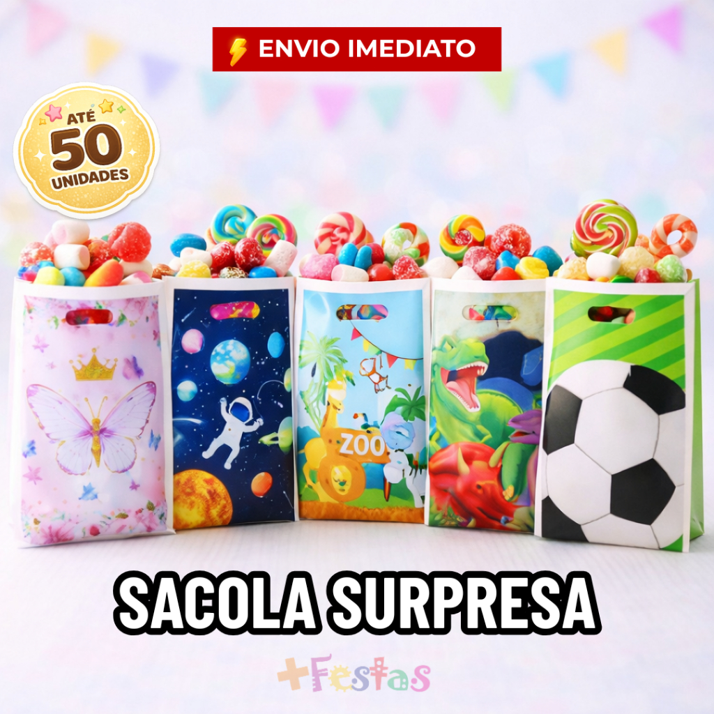 10/20/30/40/50 Sacola Surpresa Lembrancinha Festa Infantil Alça Vazada Boca de Palhaço Temas