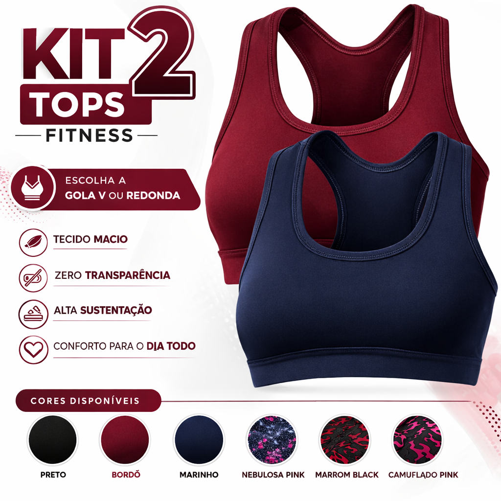 Kit 2 Top Fitness Feminino Academia Treino Esportivo Sustentação Confortável Zero Transparência Gola V ou Redonda