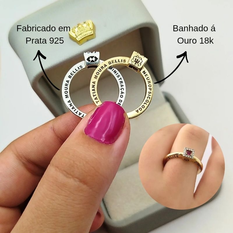 Anel Formatura Prata 925 e Semi Joia banho de ouro 18k Personalizado com Profissão Presente Formando