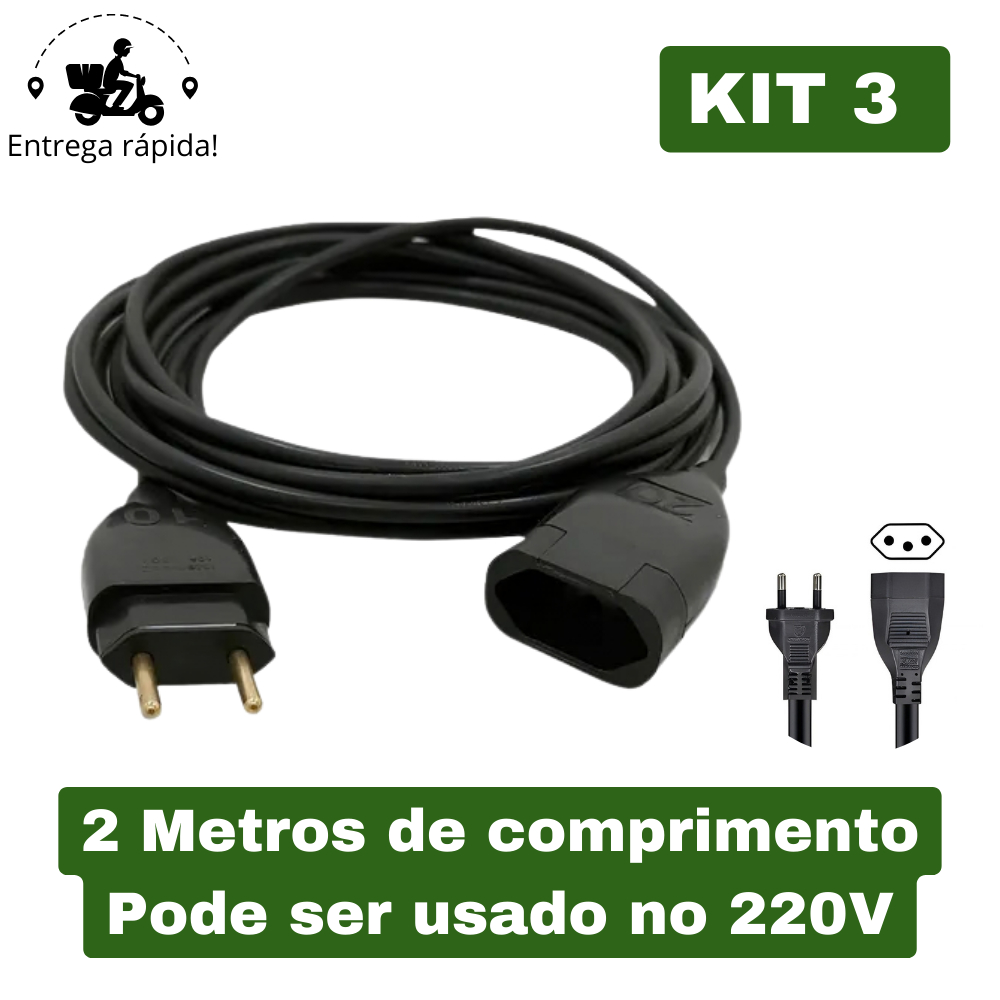 Kit 3 Extensão Elétrica e Prolongador Preto Extensor de Cabo 2 Metros Bivolt 110v e 220v