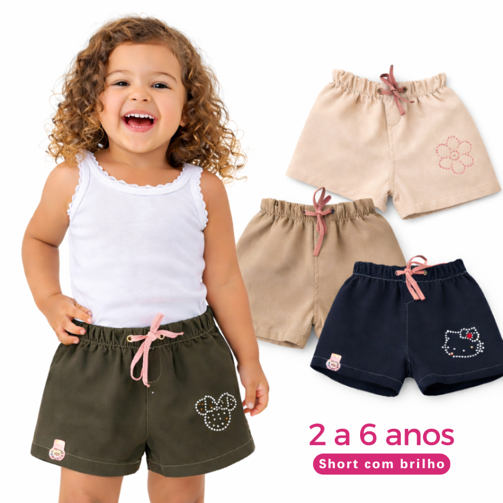 short menina infantil com brilho shortinho infantil blogueirinha Shorts Infantil Brim 2 a 6 Anos short hellokit birilho