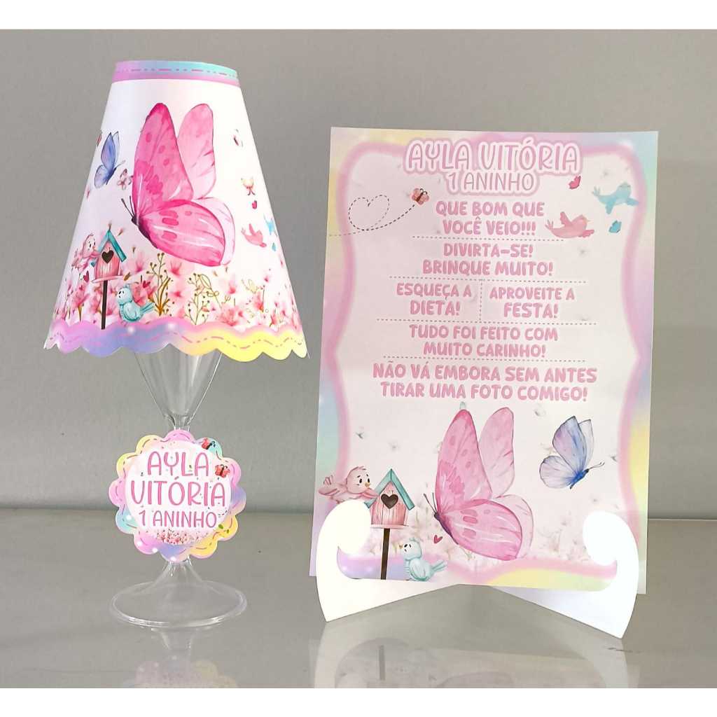 Kit Festa Abajur C/Led + Plaquinha Personalizada Tema Jardim Das Borboletas Centro De Mesa | Lembrancinhas