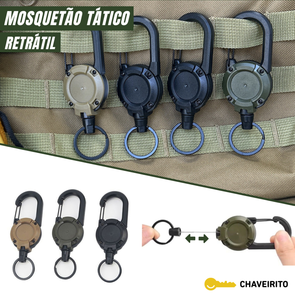 Chaveiro Mosquetão Tático | Retrátil com Cabo de Aço 60cm | Para Chaves Anti-Perda