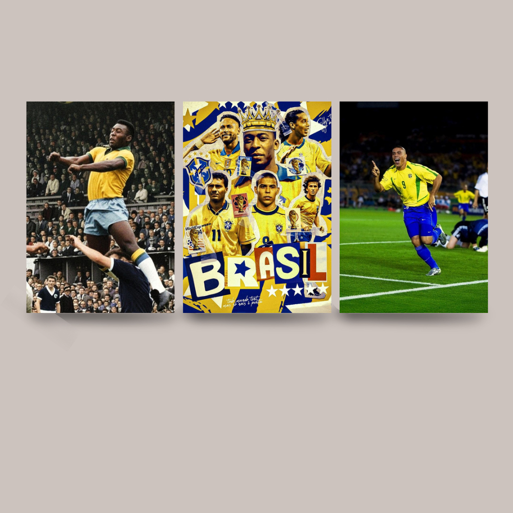 Kit Quadros Decorativos 3 Peças Seleção Brasileira Pelé Romário Ronaldo Fenômeno Rivaldo Copa Raiz