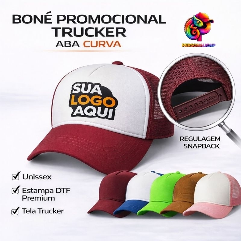 Boné Promocional Trucker Telinha Aba Curva Unissex - Personalizado em Oferta na Shopee