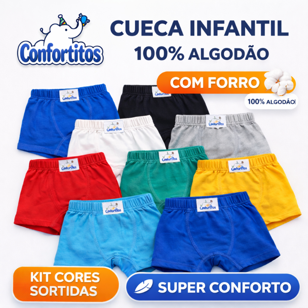 Kit Cuecas Infantis Box Menino 100% Algodão com Forro Confortável Macia Respirável Cores Sortidas em Oferta na Shopee