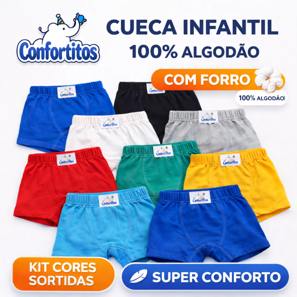 Kit Cuecas Infantis Box Menino 100% Algodão com Forro Confortável Macia Respirável Cores Sortidas