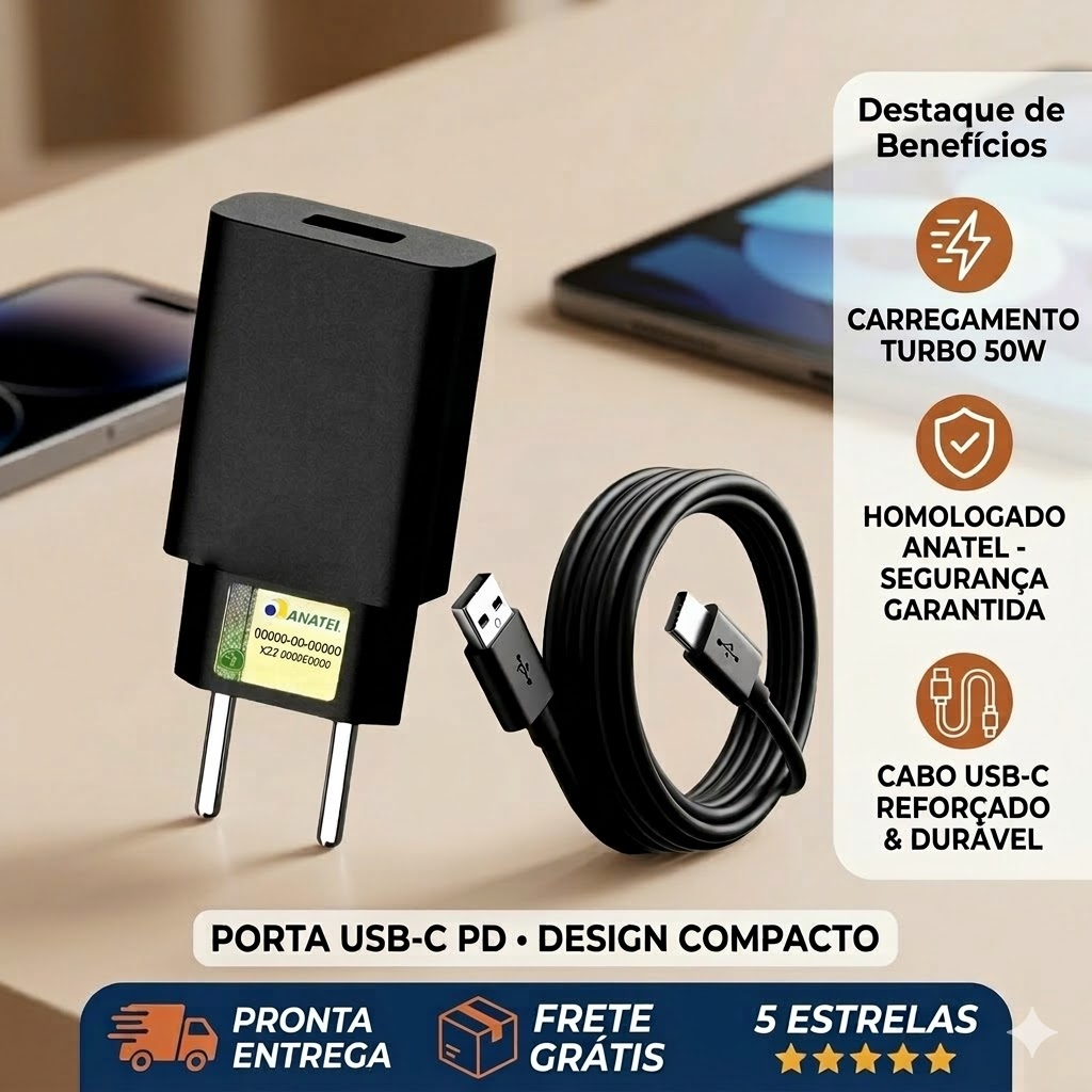 Kit Carregador Turbo 50W Tipo C Para Celular Android Fonte + Cabo USB-C Reforçado
