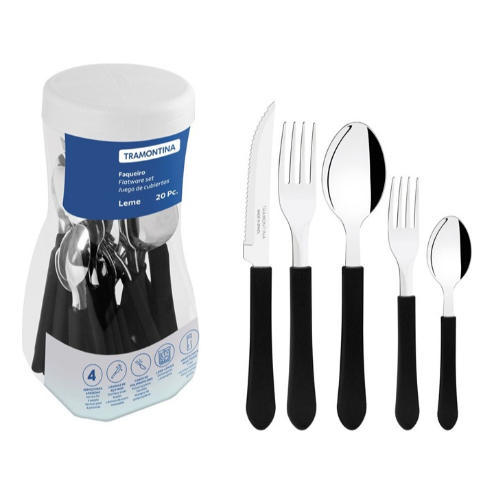 Jogo de Talheres Tramontina Leme Kit 20 Peças Inox Mesa Churrasco Facas Garfos Colheres Sobremesa  Preto Azul Rosa