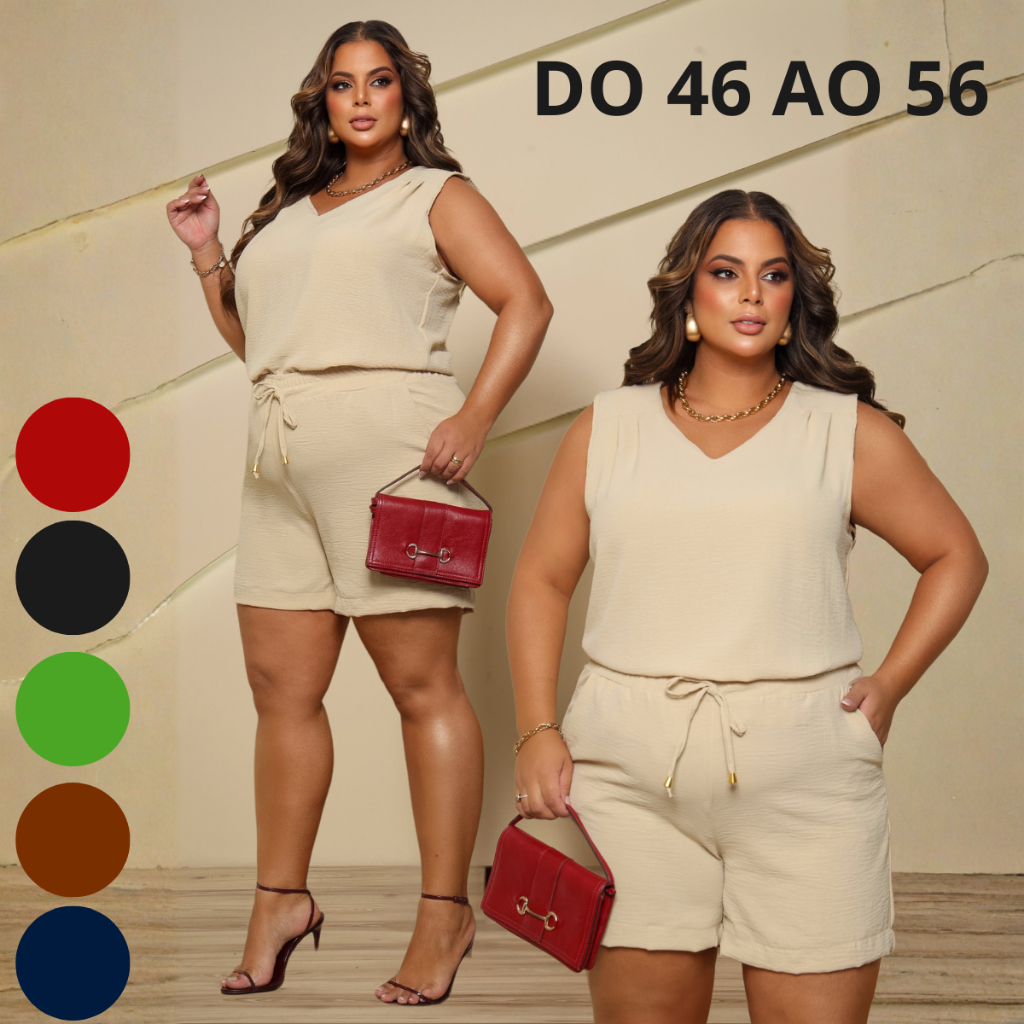 Conjunto Plus Size Feminino Alfaiataria Regata Short Cintura Alta com Elástico Elegante Confortável