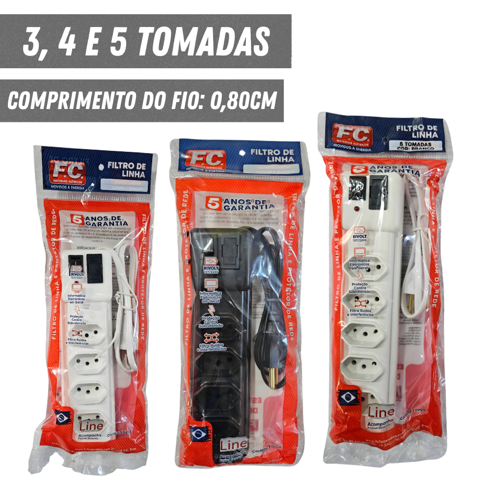 Filtro de Linha Bivolt 3, 4 e 5 Tomadas com Fusível - Cabo 80 Centímetros | Extensão Régua Elétrica