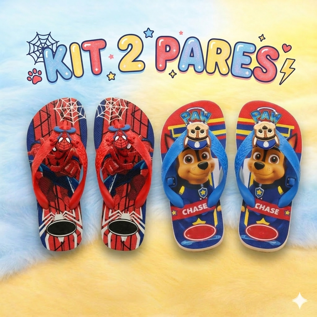 Kit 2 Pares Chinelo Sandalia Masculino Infantil Calçado Menino Confortável Leve Estampas Personagens Super Heróis Barato
