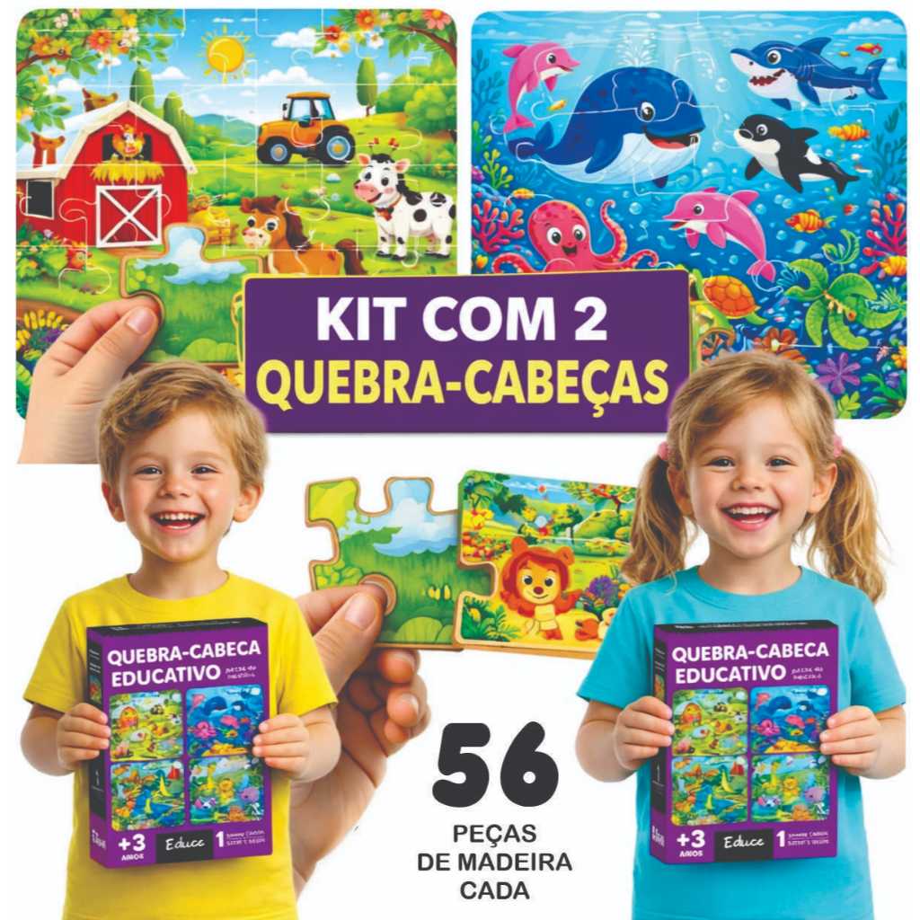 Kit 2 Quebra-cabeças 56 peças de madeira cada Educativo Fundo do Mar + Fazendinha Montessori