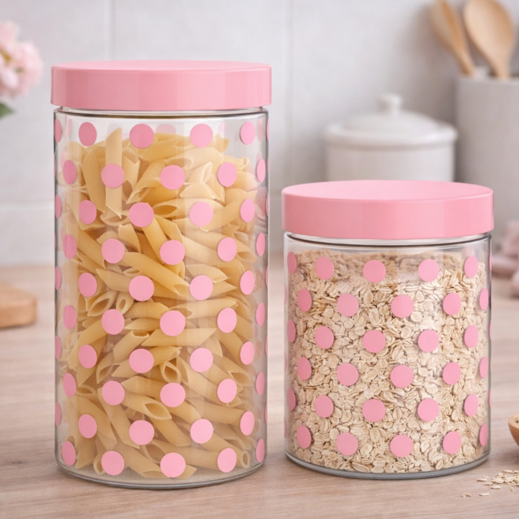 Kit 2 Potes Plástico Porta Mantimentos Bolachas Biscoito Poá Bolinhas Organizadores Cozinha Multiuso