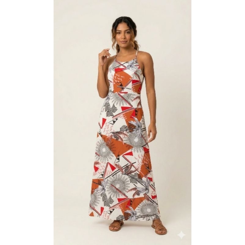 Vestido Longo Tropical Geometric – Estampa Exclusiva Tam. M Tons de Terracota, preto e Branco
