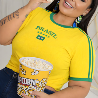 Camisa do Brasil Feminina com Bordado de Bandeira do Brasil Canelado Premium em Oferta na Shopee