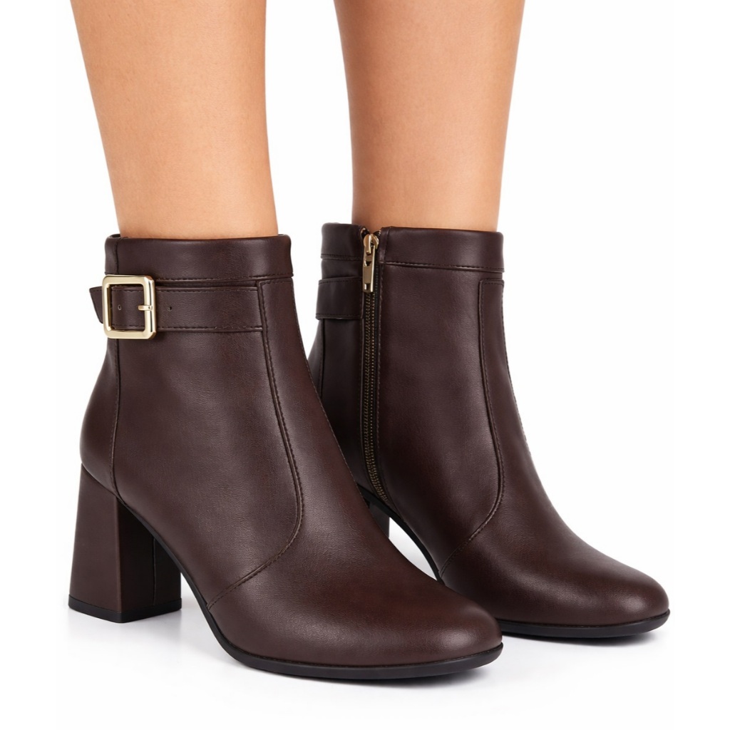 Bota Feminina Bico Quadrado Casual Salto Grosso 7cm Cano Curto Zíper Fivela Confortável Moderna