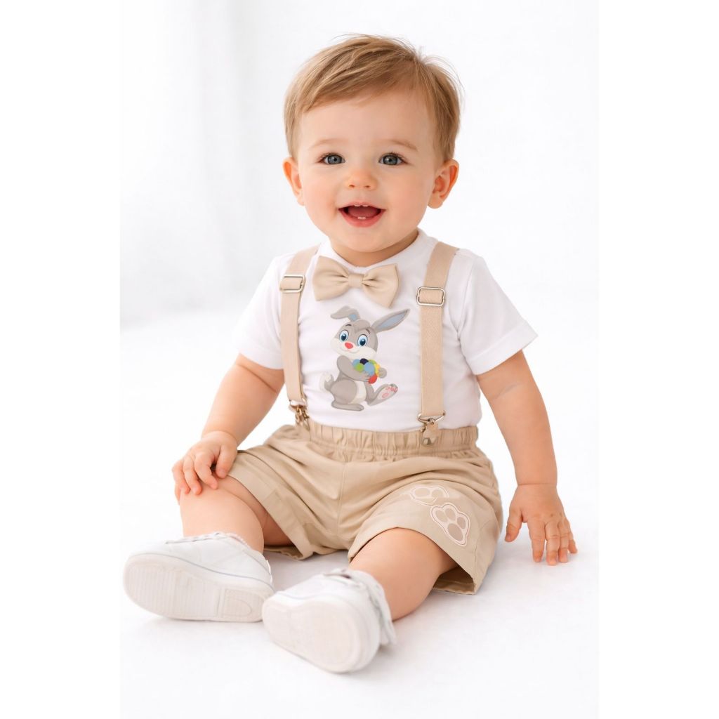 Conjunto Coelhinho Páscoa Menino Infantil Camiseta, Short e Suspensório Temático - 2 aninhos