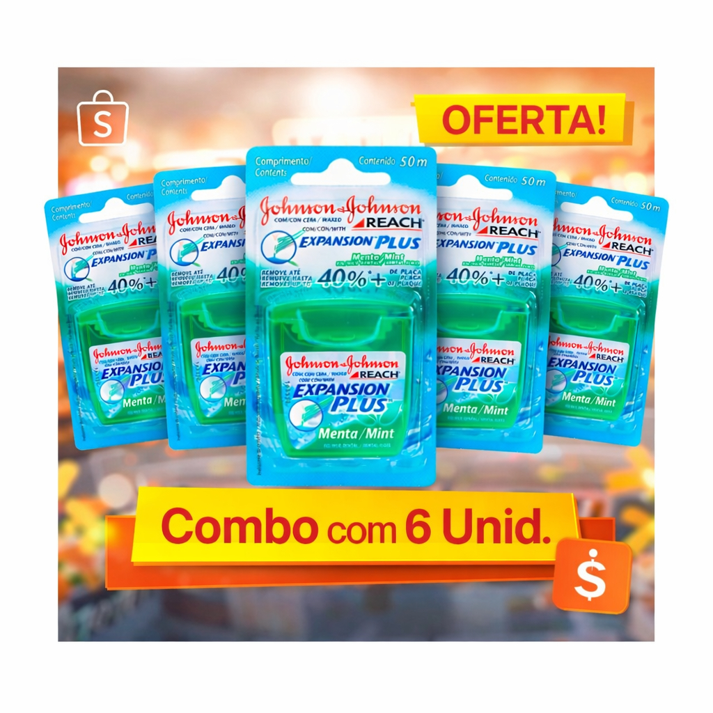 Combo 6 Fio Dental Johnson & Johnson Reach Expansion Plus 50m Menta Original Promoção