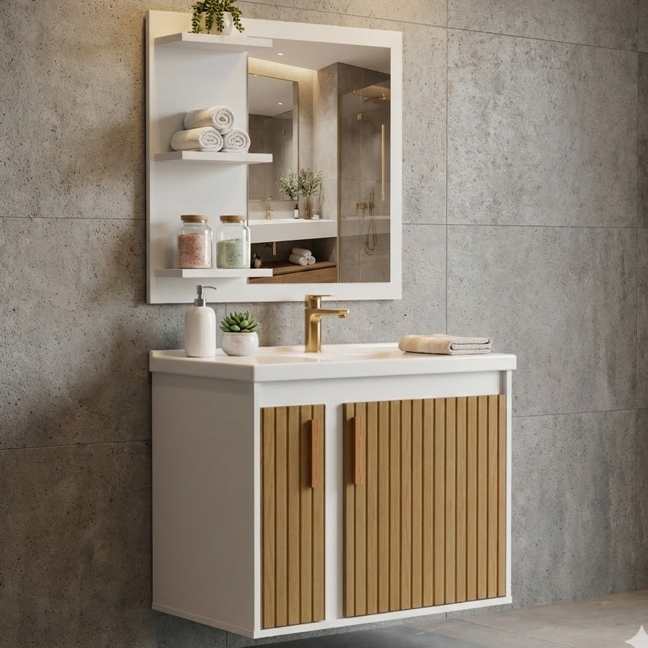 CONJUNTO GABINETE COM ESPELHEIRA E CUBA PARA BANHEIRO 60CM MILANO