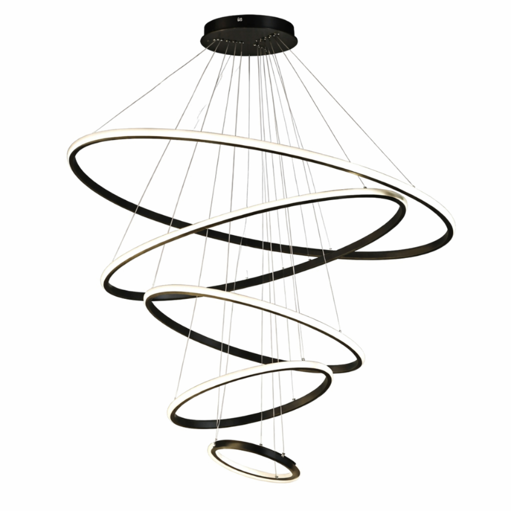 Lustre Pendente Moderno Anéis 5 Arcos Pe Direito Duplo Alto Cor Preto 110V/220V