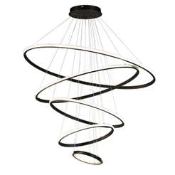 Lustre Pendente Moderno Anéis 5 e 4 Arcos Pe Direito Duplo Alto Cor Preto - Dourado 110V/220V
