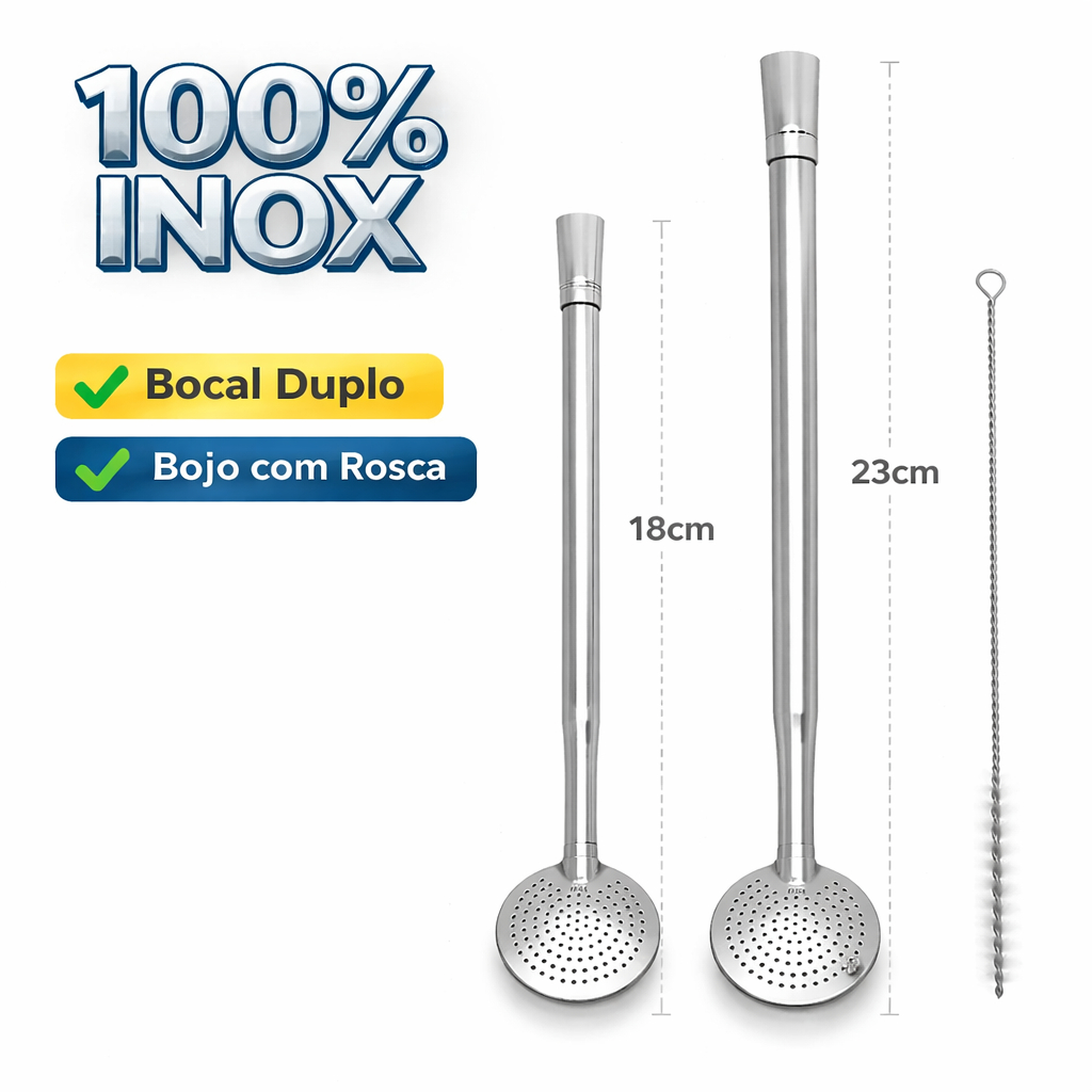 Bomba Chimarrão Inox Bocal Duplo Bojo Rosca + Escova Limpeza