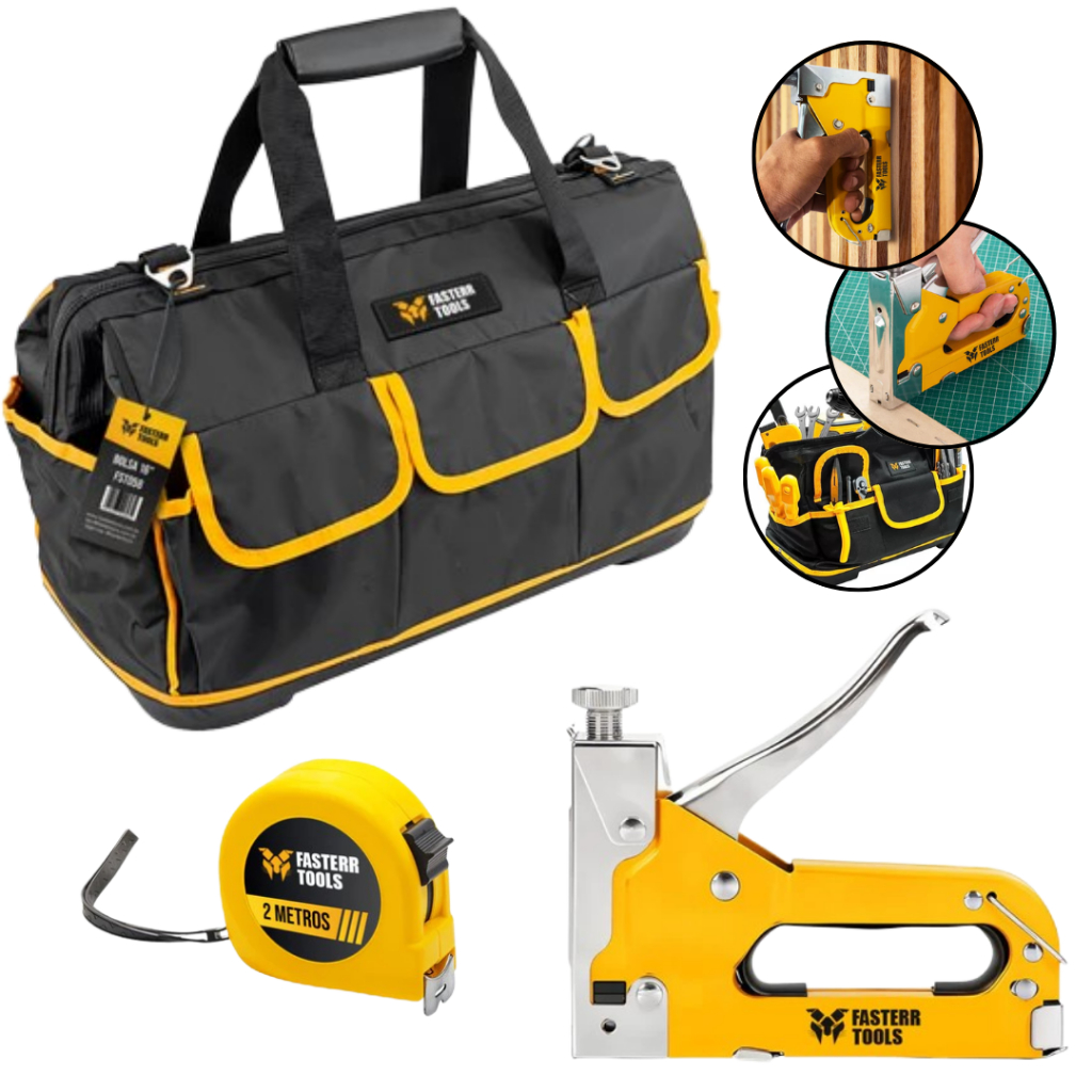 Grampeador Manual Tapeceiro + 500 Grampos 8MM+ Trena 2M+ Bolsa Para Ferramentas 16 Bolsos - Fasterr