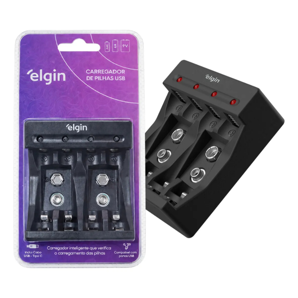 Carregador De Pilhas Usb-c 9v/aaa/aa Elgin Sem Pilhas
