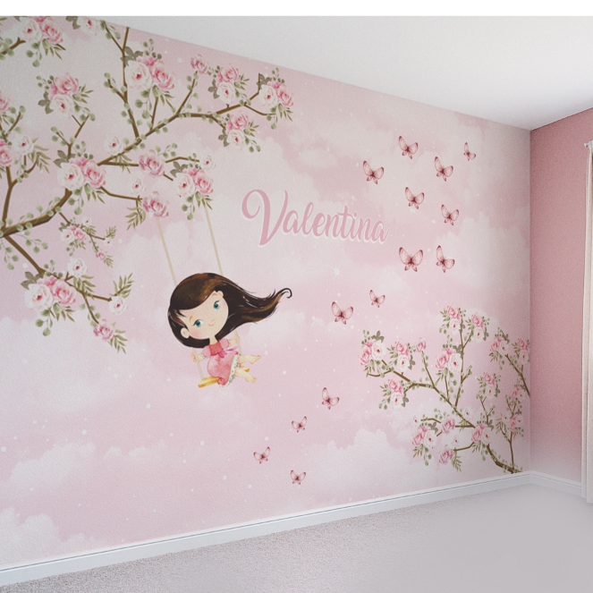Papel de Parede Infantil Para Quarto de Menina - Menina no Balanço Jardim