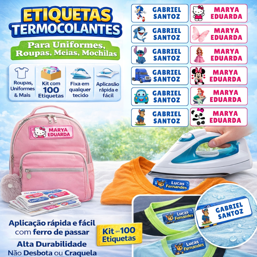 Kit até 100 Etiquetas Nome Termocolante DTF para Roupas Uniformes Meias Aplicação Fácil com Ferro