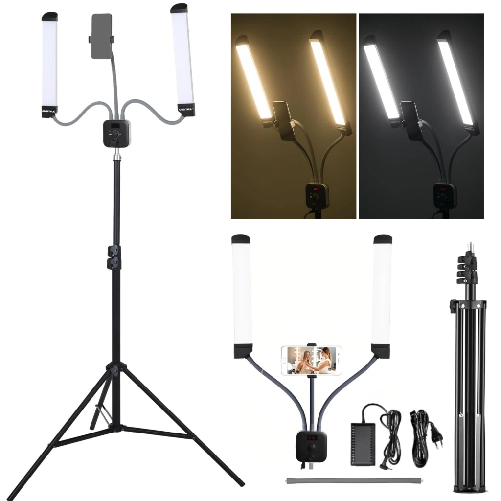 Ring Light Led 45W Braços Duplos com Tripé 1.6m - Luz de Preenchimento Bicolor para Live e Estúdio