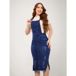 Jardineira Jeans Midi Evangélica Abertura Lateral com Elastano Barra Desfiada