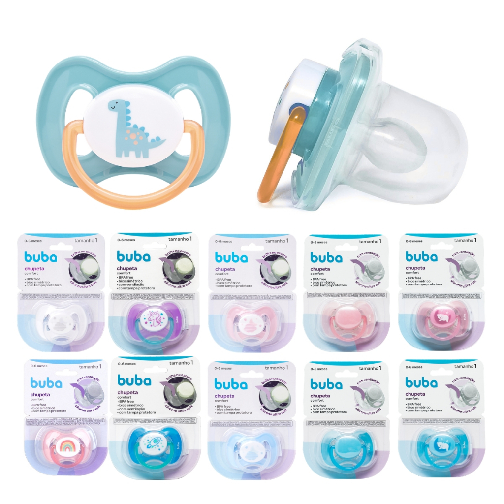Chupeta Silicone Bebê Comfort 0-6 meses Silicone Ultra Soft com Tampa Protetora Tamanho 1 Buba
