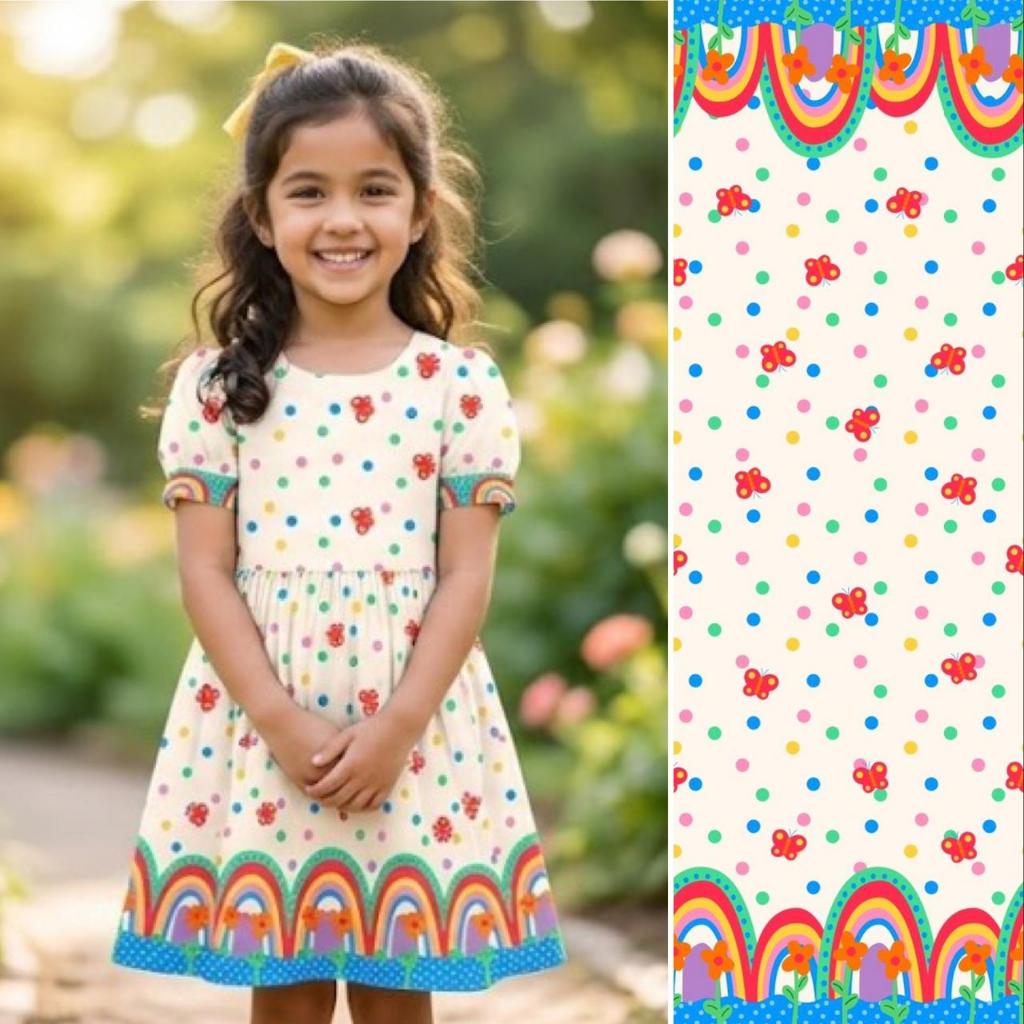 TECIDO CREPE BARRADO BRANCO ARCO IRIS E FLORES PARA VESTIDO INFANTIL