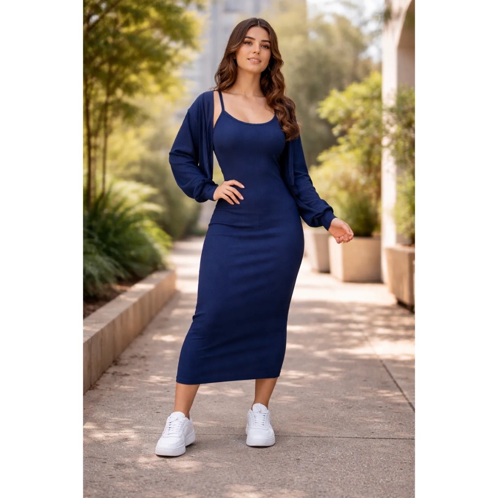 Conjunto Vestido Alça Fina Midi Canelado C Casaco Cardigan Feminino Longo Moda Evangélica Blogueira
