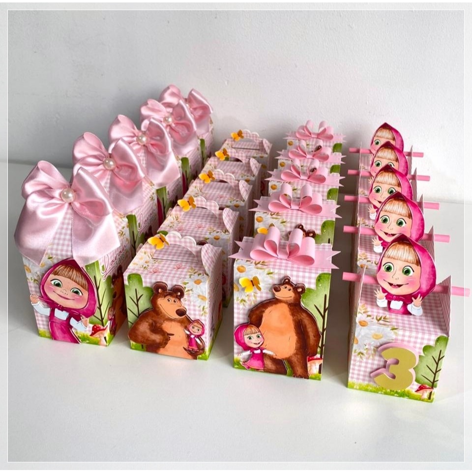 Kit caixinhas Masha e o Urso - Já montadas - Caixinhas personalizadas Masha e o Urso - Lembrancinhas Masha e o Urso -