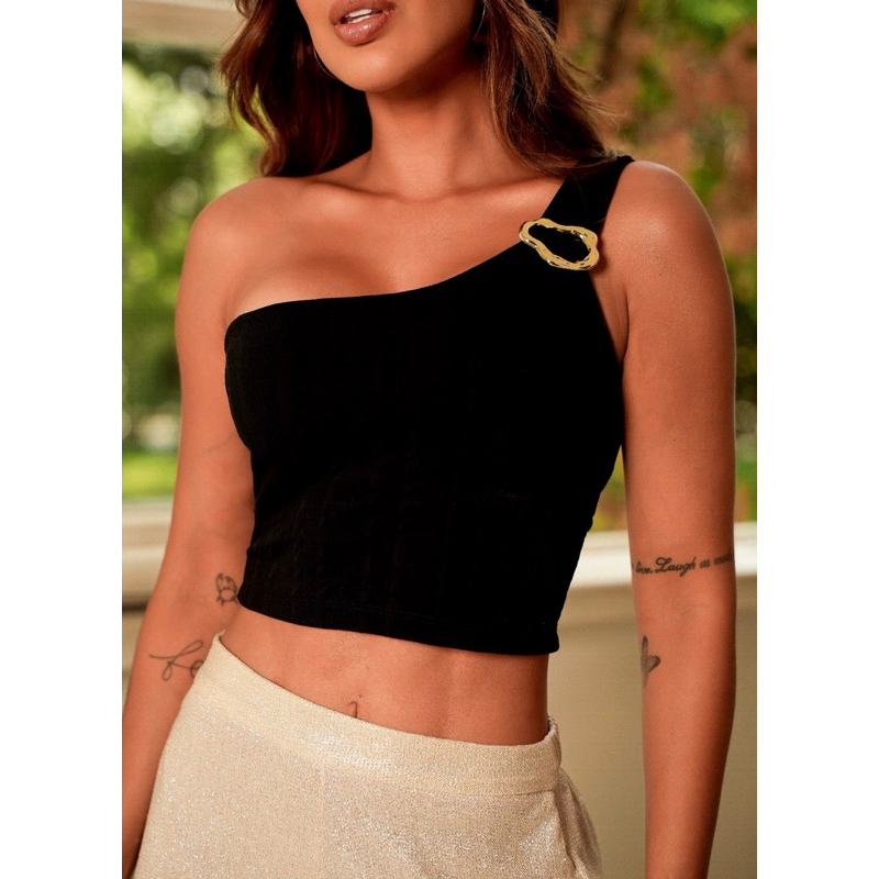 Blusa Croped Mula Manca blusa feminina blusinha regata um ombro fivela Modelo Novo Ribana