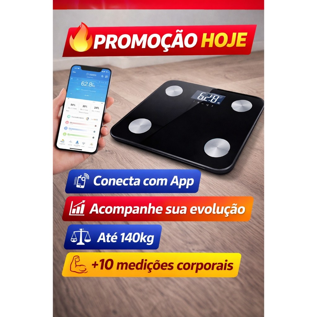 Balança Digital Bioimpedância Bluetooth 140kg App Fitness Gordura Corporal Inteligente