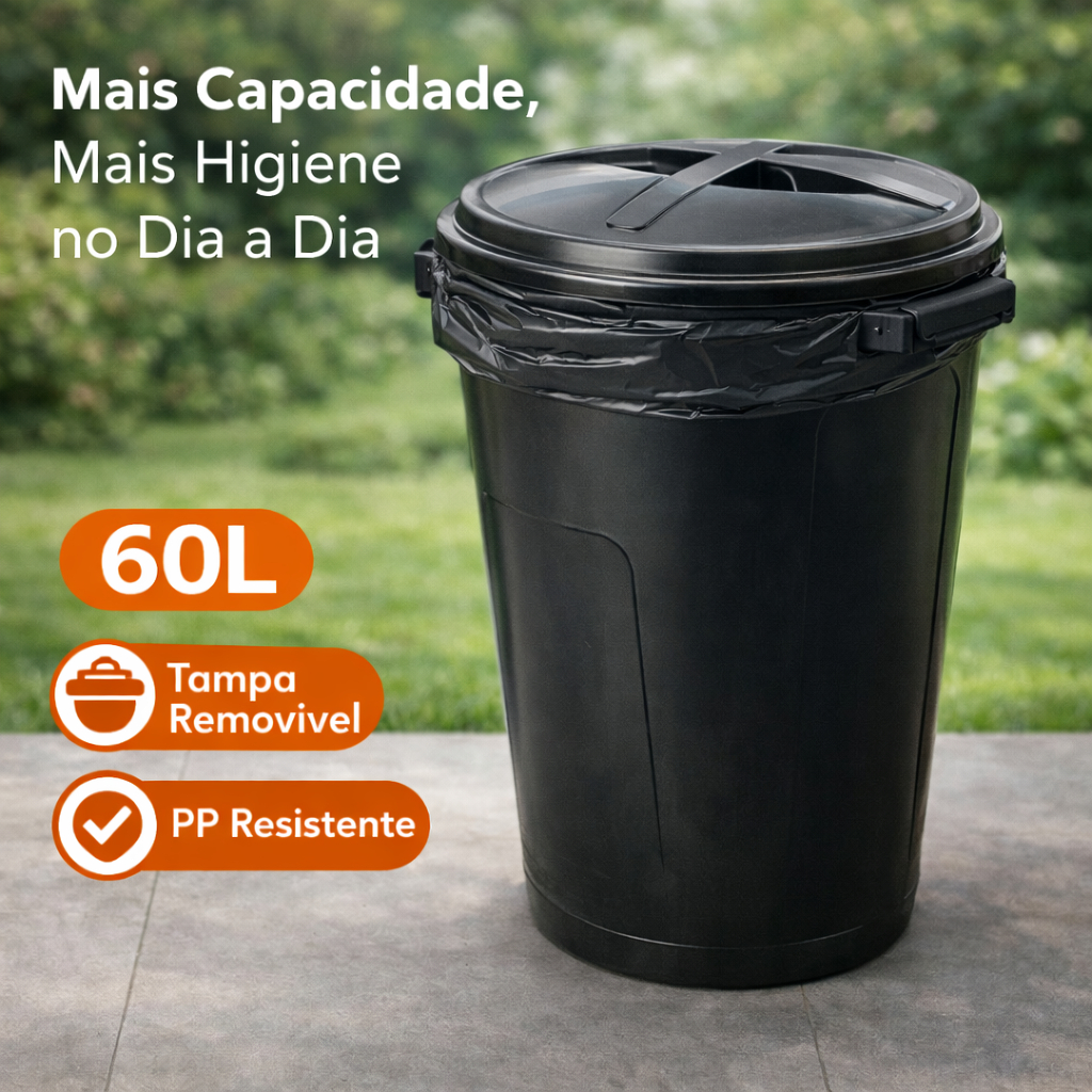 Lixeira Cesto Preto Grande Multiuso Robusta Com Tampa 35L 60L Varanda Condomínio Quintal Comércio Loja Lixos de Festas